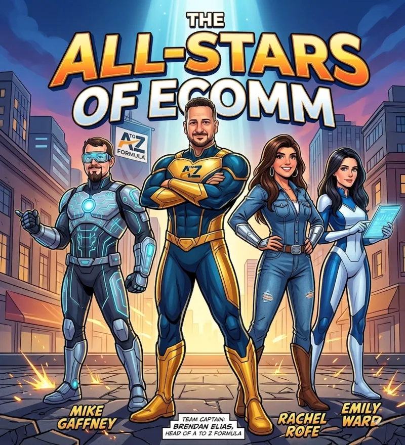 The All-Stars of Ecomm - Brendan Elias, Mike Gaffney, Rachel Rofe, and Emily Ward as eCommerce superheroes